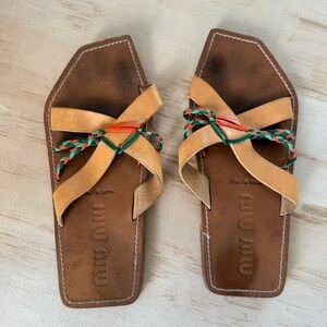 MIU MIU Tan and Green Leather Sandals Size 36 1/2